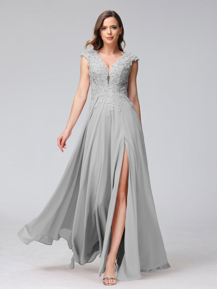 Ligne A/Princesse Col en V Sans Manches Mousseline LongBridemaid Robes avec Asymétrique Côté Divisé