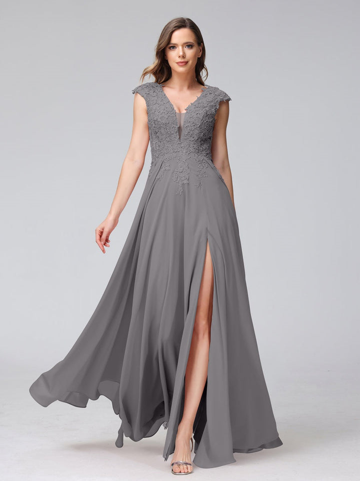 Ligne A/Princesse Col en V Sans Manches Mousseline LongBridemaid Robes avec Asymétrique Côté Divisé
