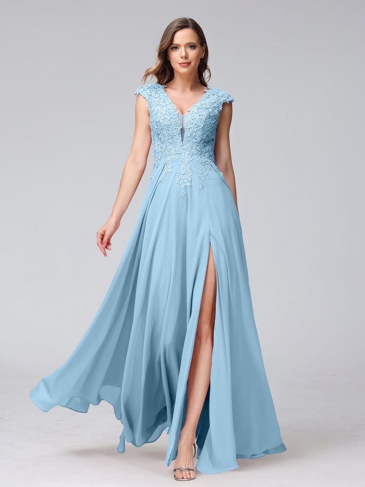 Ligne A/Princesse Col en V Sans Manches Mousseline LongBridemaid Robes avec Asymétrique Côté Divisé