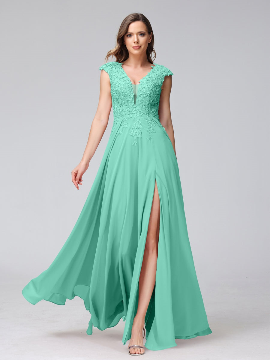 Ligne A/Princesse Col en V Sans Manches Mousseline LongBridemaid Robes avec Asymétrique Côté Divisé