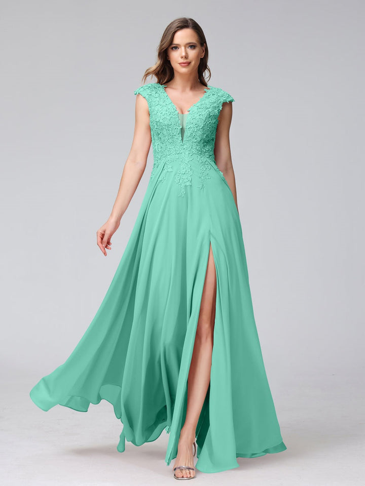 Ligne A/Princesse Col en V Sans Manches Mousseline LongBridemaid Robes avec Asymétrique Côté Divisé