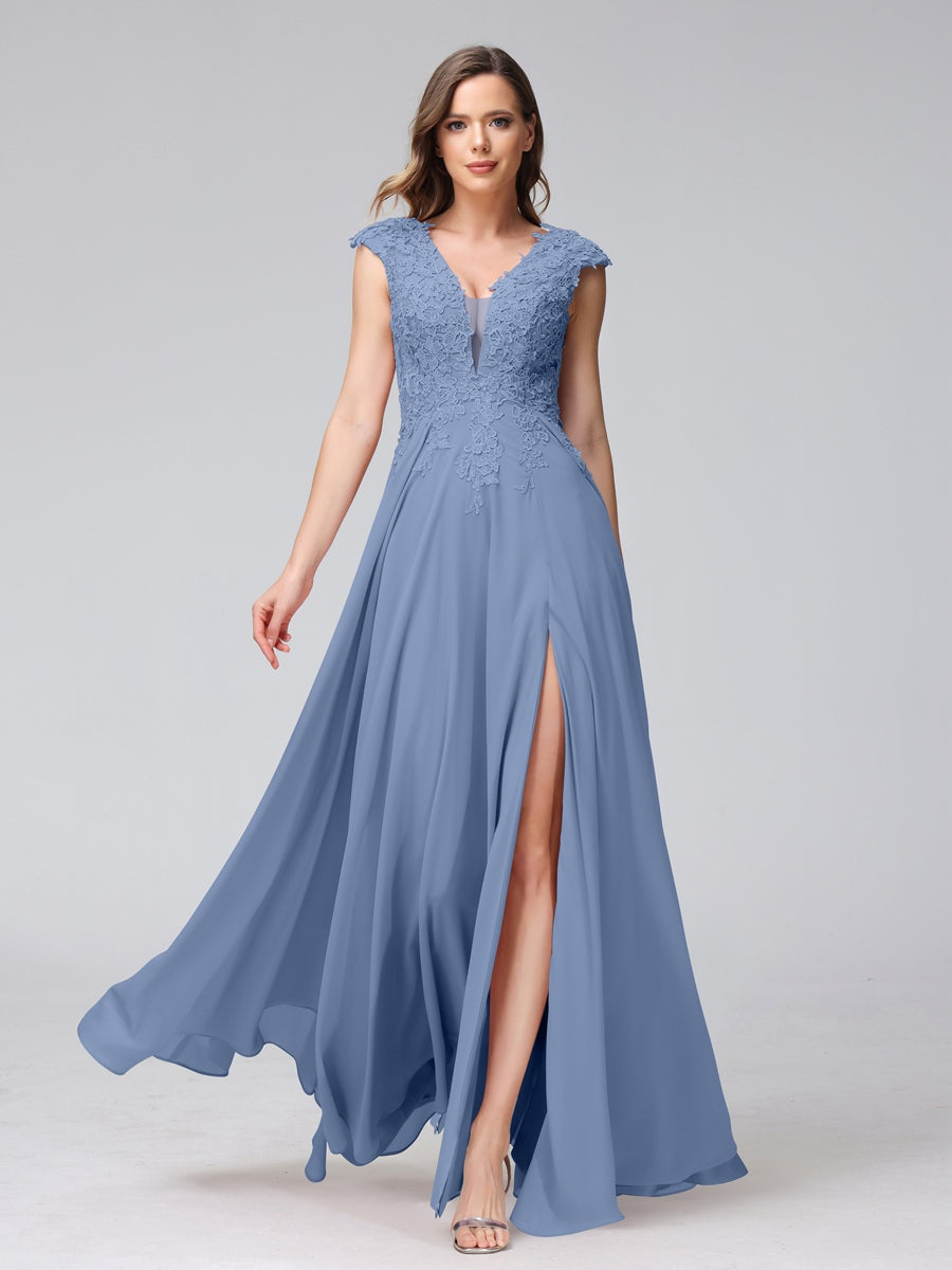 Ligne A/Princesse Col en V Sans Manches Mousseline LongBridemaid Robes avec Asymétrique Côté Divisé