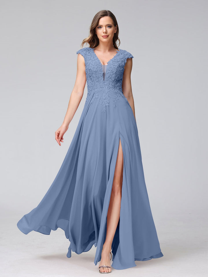Ligne A/Princesse Col en V Sans Manches Mousseline LongBridemaid Robes avec Asymétrique Côté Divisé
