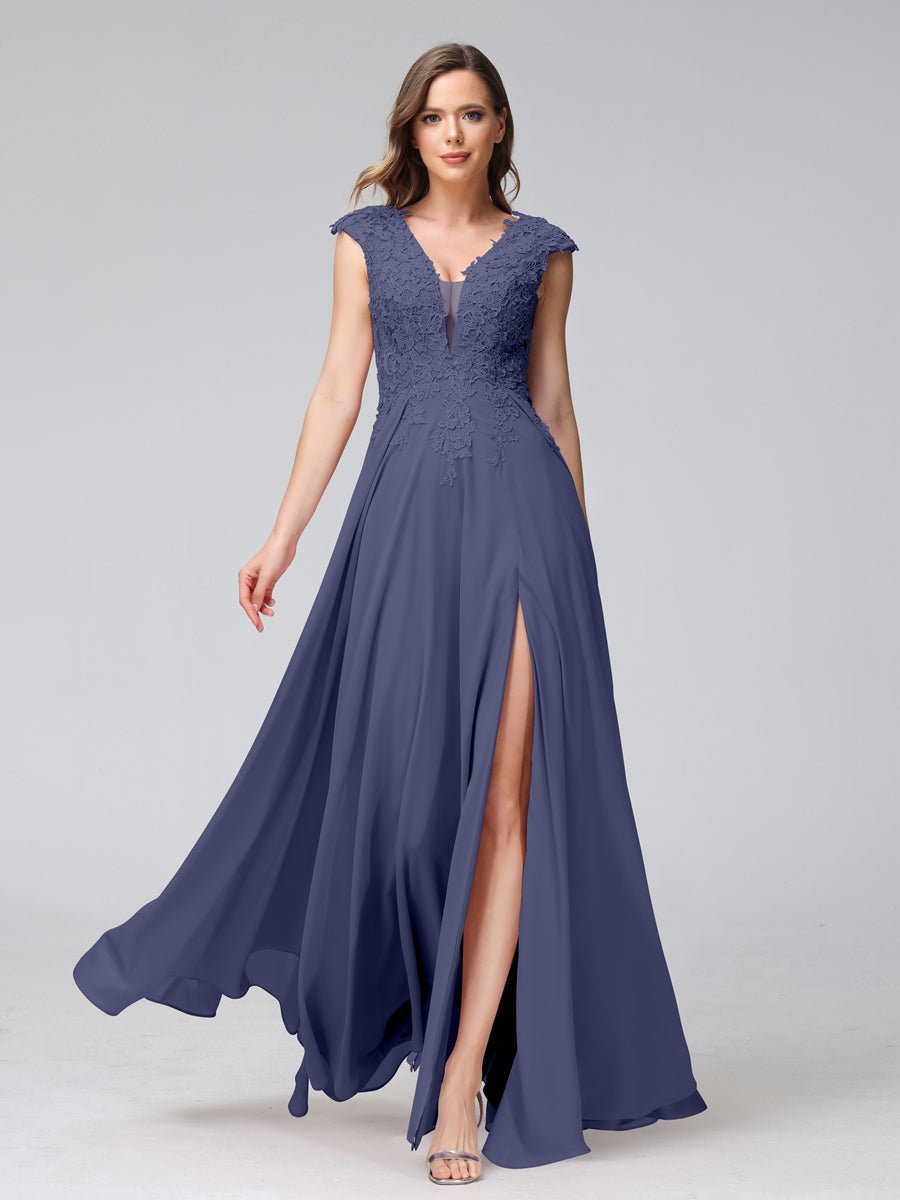 Ligne A/Princesse Col en V Sans Manches Mousseline LongBridemaid Robes avec Asymétrique Côté Divisé