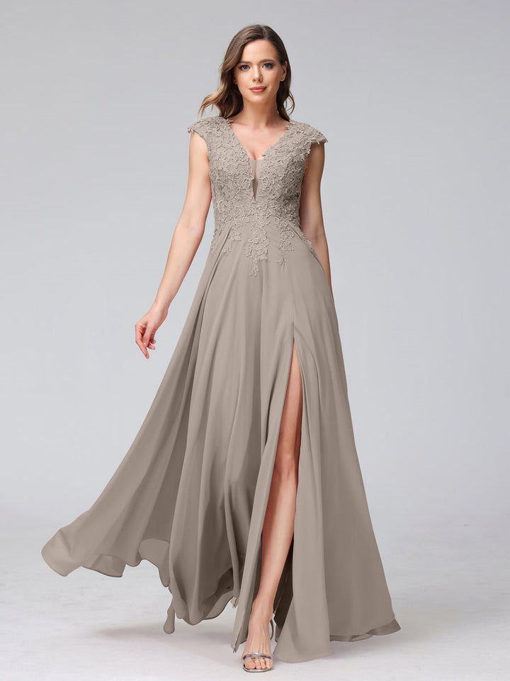 Ligne A/Princesse Col en V Sans Manches Mousseline LongBridemaid Robes avec Asymétrique Côté Divisé