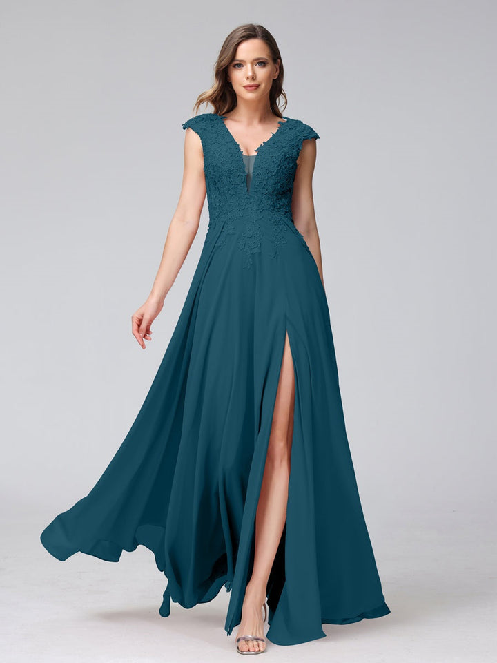 Ligne A/Princesse Col en V Sans Manches Mousseline LongBridemaid Robes avec Asymétrique Côté Divisé