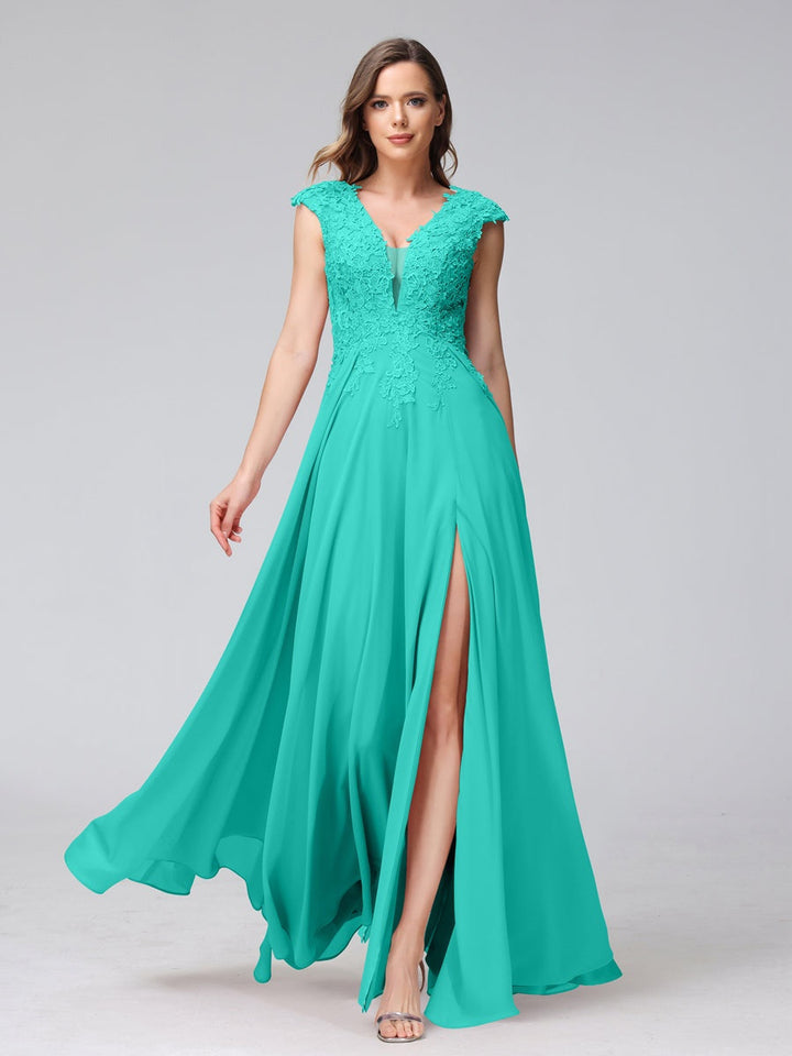 Ligne A/Princesse Col en V Sans Manches Mousseline LongBridemaid Robes avec Asymétrique Côté Divisé