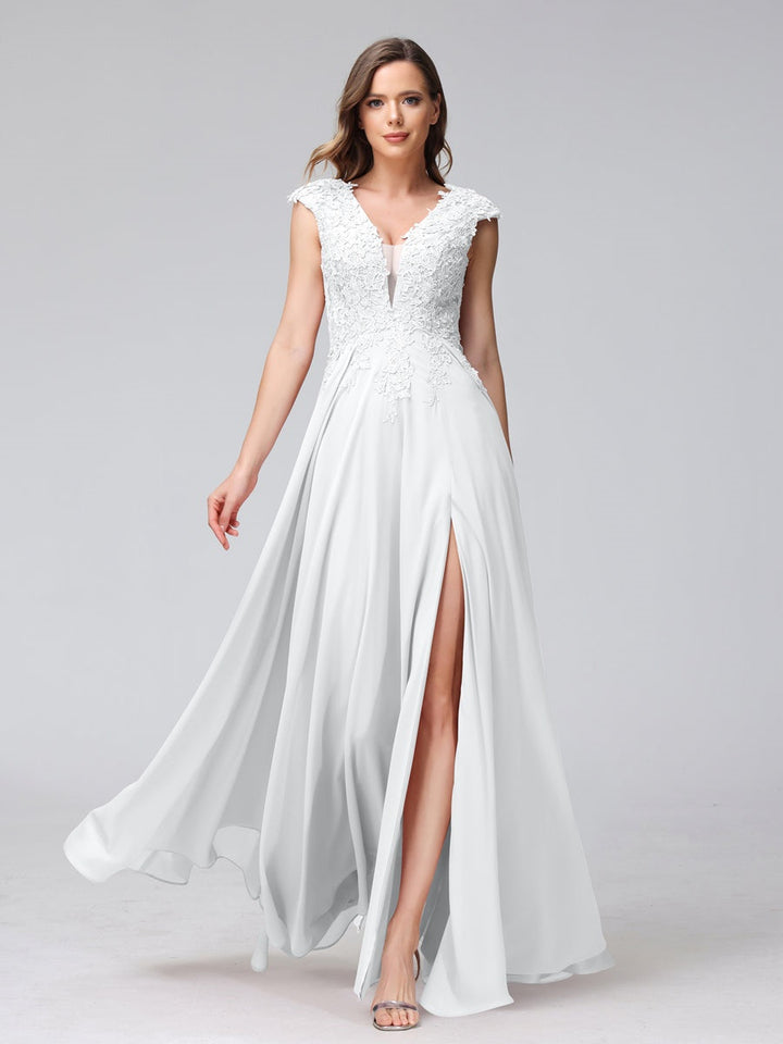 Ligne A/Princesse Col en V Sans Manches Mousseline LongBridemaid Robes avec Asymétrique Côté Divisé