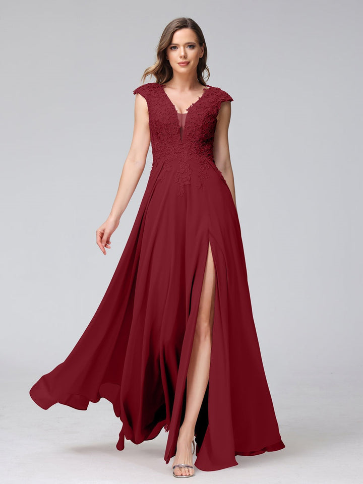 Ligne A/Princesse Col en V Sans Manches Mousseline LongBridemaid Robes avec Asymétrique Côté Divisé