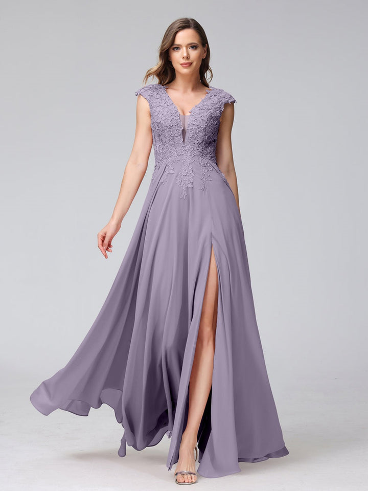 Ligne A/Princesse Col en V Sans Manches Mousseline LongBridemaid Robes avec Asymétrique Côté Divisé