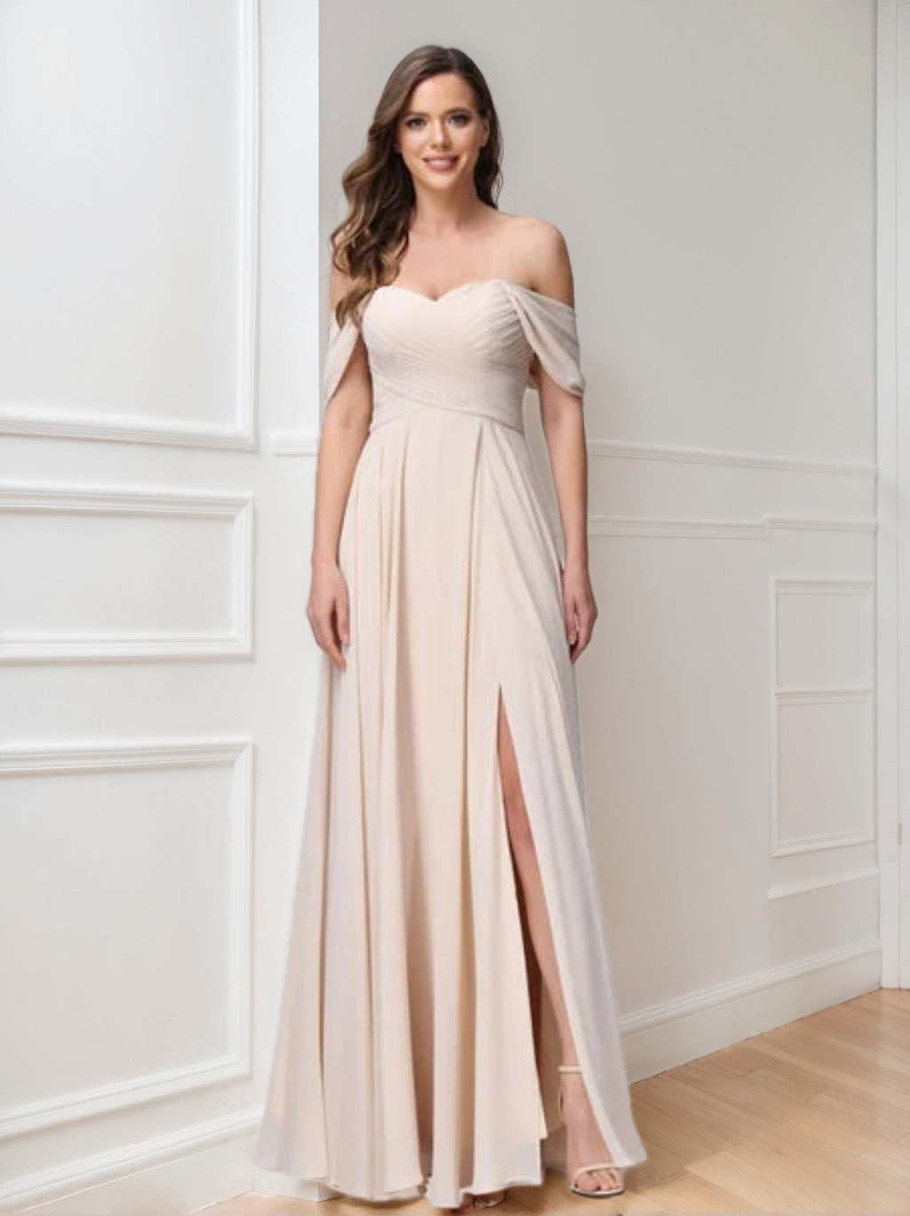 Ligne A/Princesse Hors de l'épaule Sans Manches La Longueur du Sol Bridemaid Robes avec Côté Divisé & Ruché