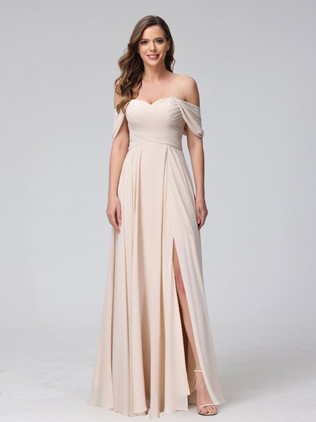 Ligne A/Princesse Hors de l'épaule Sans Manches La Longueur du Sol Bridemaid Robes avec Côté Divisé & Ruché