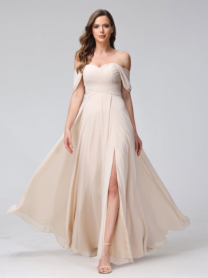Ligne A/Princesse Hors de l'épaule Sans Manches La Longueur du Sol Bridemaid Robes avec Côté Divisé & Ruché