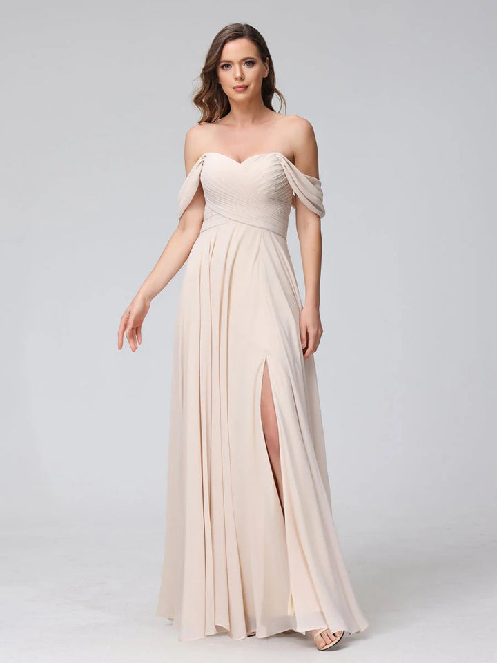 Ligne A/Princesse Hors de l'épaule Sans Manches La Longueur du Sol Bridemaid Robes avec Côté Divisé & Ruché