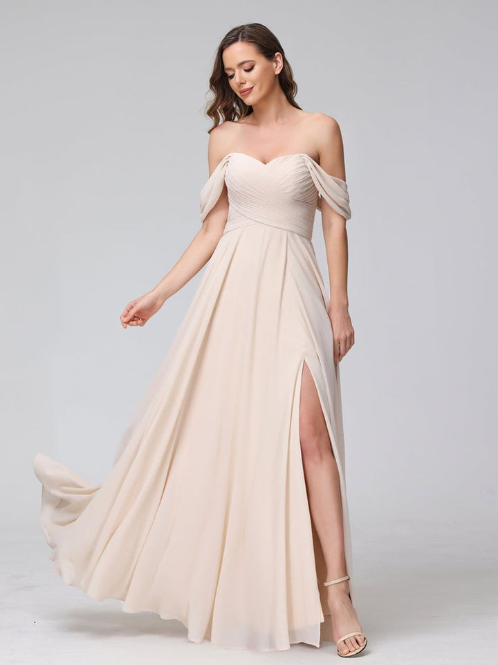 Ligne A/Princesse Hors de l'épaule Sans Manches La Longueur du Sol Bridemaid Robes avec Côté Divisé & Ruché