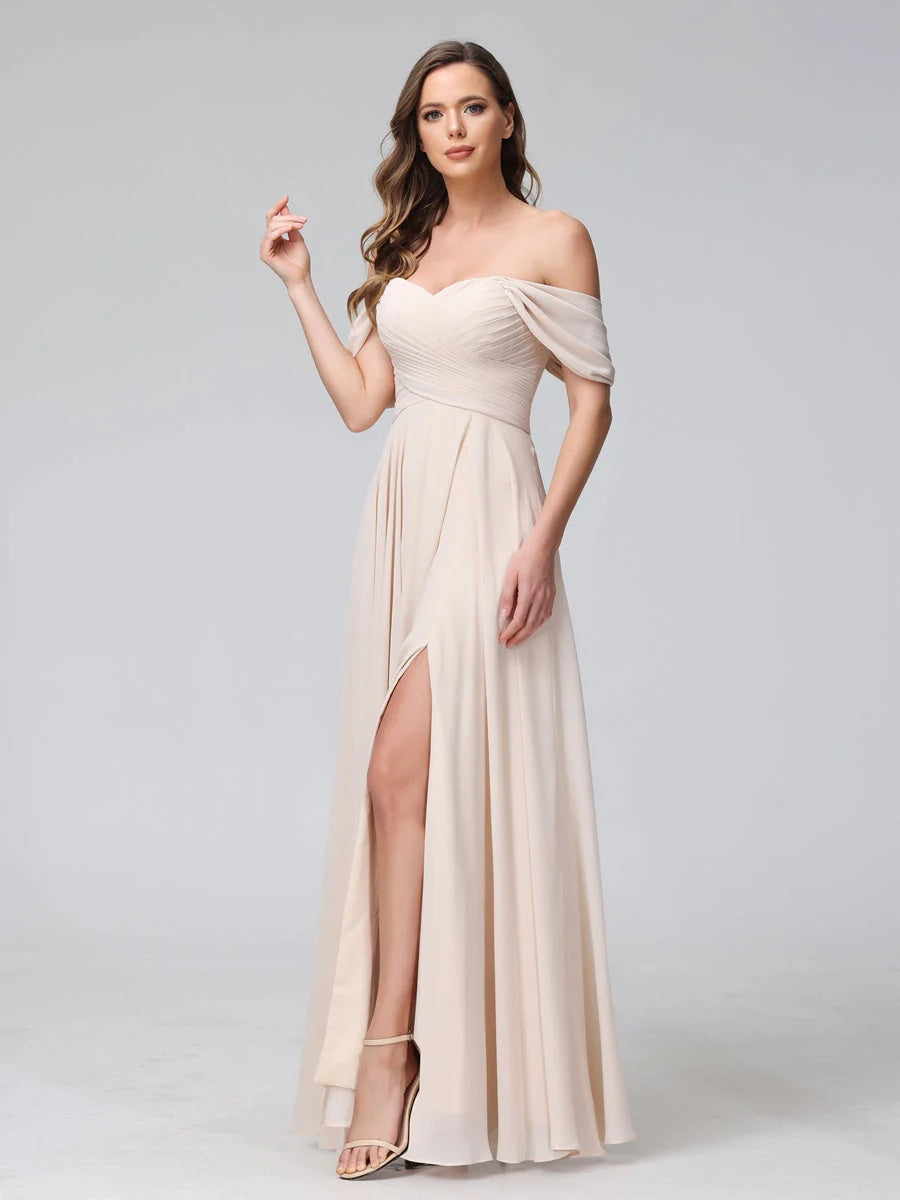 Ligne A/Princesse Hors de l'épaule Sans Manches La Longueur du Sol Bridemaid Robes avec Côté Divisé & Ruché