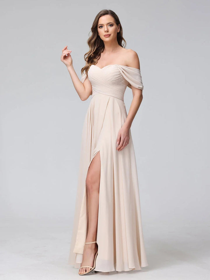 Ligne A/Princesse Hors de l'épaule Sans Manches La Longueur du Sol Bridemaid Robes avec Côté Divisé & Ruché