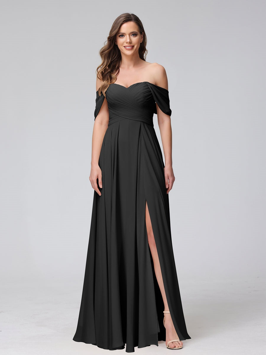 Ligne A/Princesse Hors de l'épaule Sans Manches La Longueur du Sol Bridemaid Robes avec Côté Divisé & Ruché