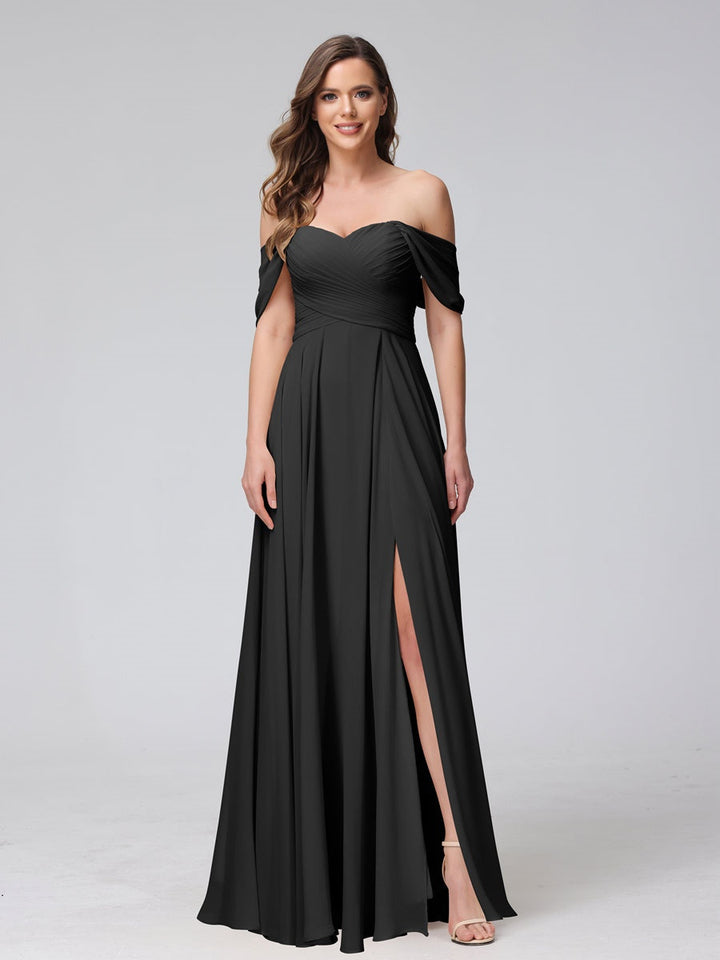 Ligne A/Princesse Hors de l'épaule Sans Manches La Longueur du Sol Bridemaid Robes avec Côté Divisé & Ruché