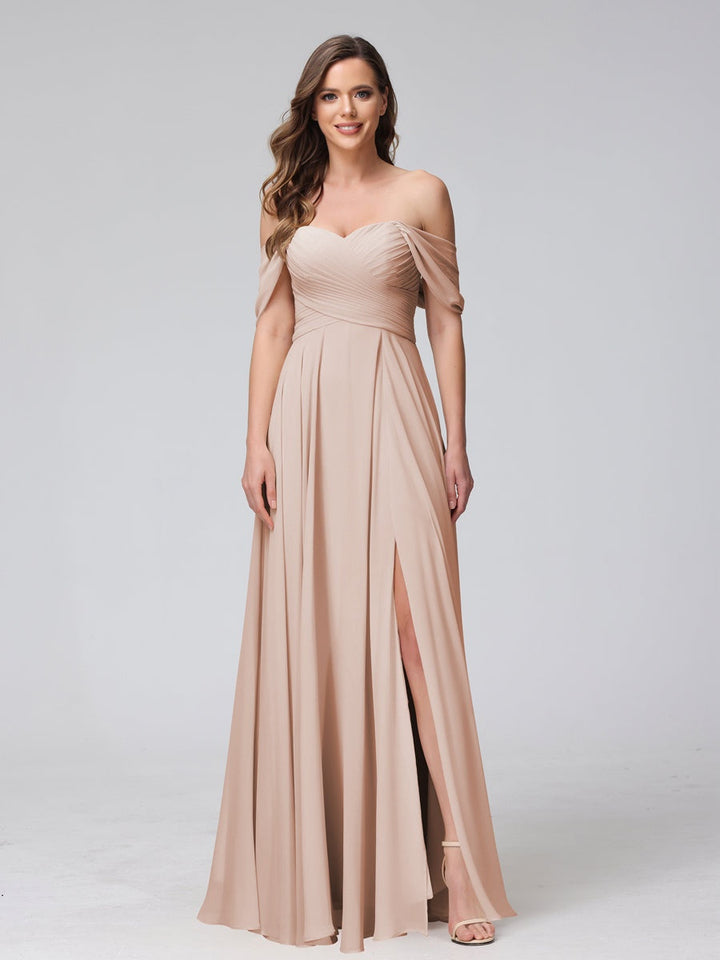 Ligne A/Princesse Hors de l'épaule Sans Manches La Longueur du Sol Bridemaid Robes avec Côté Divisé & Ruché