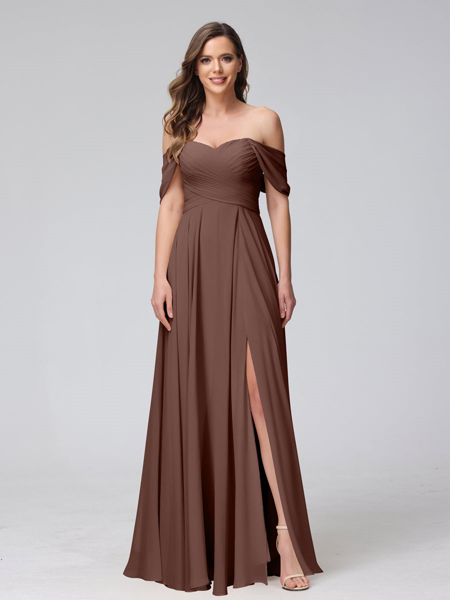 Ligne A/Princesse Hors de l'épaule Sans Manches La Longueur du Sol Bridemaid Robes avec Côté Divisé & Ruché