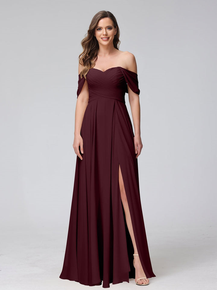 Ligne A/Princesse Hors de l'épaule Sans Manches La Longueur du Sol Bridemaid Robes avec Côté Divisé & Ruché