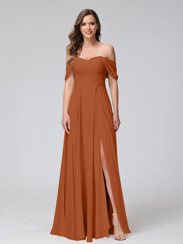 Ligne A/Princesse Hors de l'épaule Sans Manches La Longueur du Sol Bridemaid Robes avec Côté Divisé & Ruché