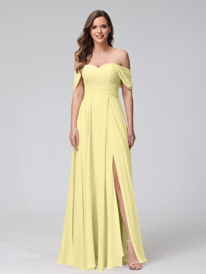 Ligne A/Princesse Hors de l'épaule Sans Manches La Longueur du Sol Bridemaid Robes avec Côté Divisé & Ruché