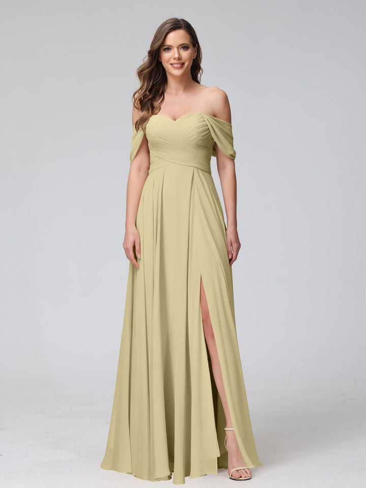 Ligne A/Princesse Hors de l'épaule Sans Manches La Longueur du Sol Bridemaid Robes avec Côté Divisé & Ruché