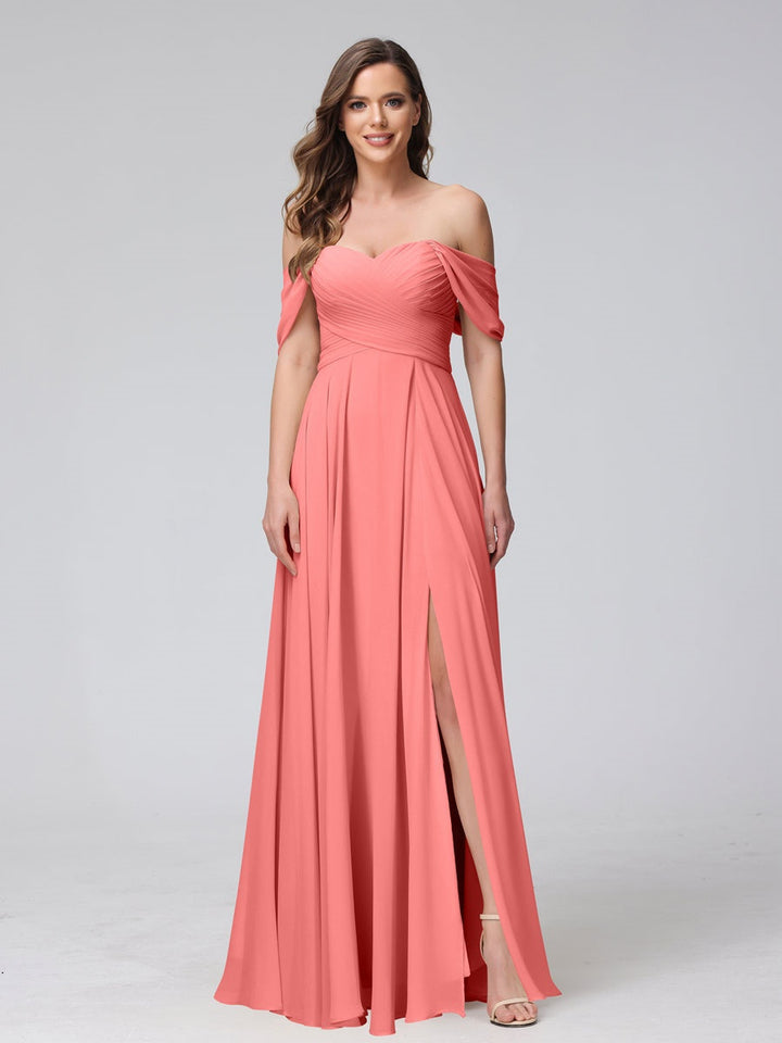 Ligne A/Princesse Hors de l'épaule Sans Manches La Longueur du Sol Bridemaid Robes avec Côté Divisé & Ruché