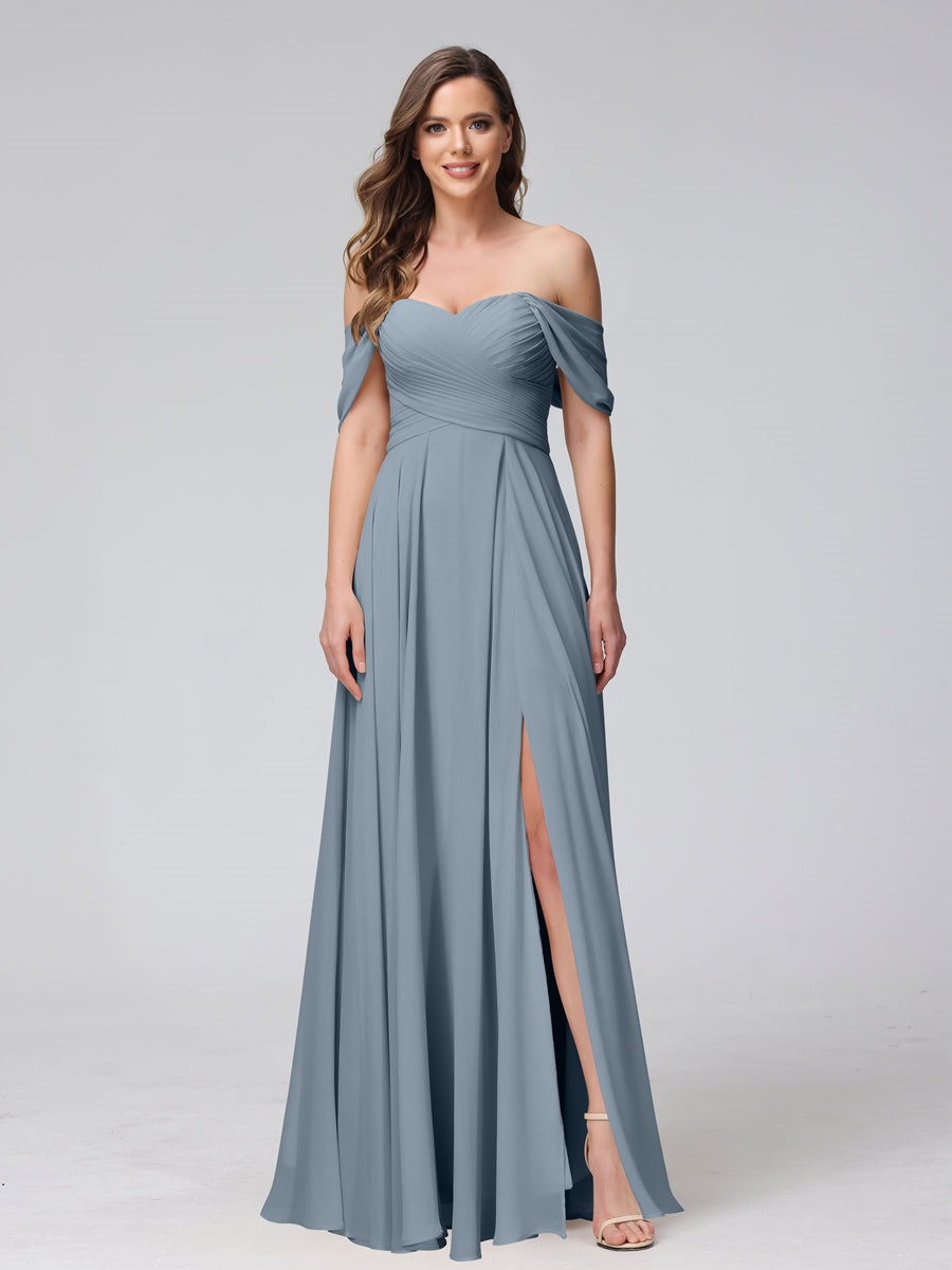Ligne A/Princesse Hors de l'épaule Sans Manches La Longueur du Sol Bridemaid Robes avec Côté Divisé & Ruché