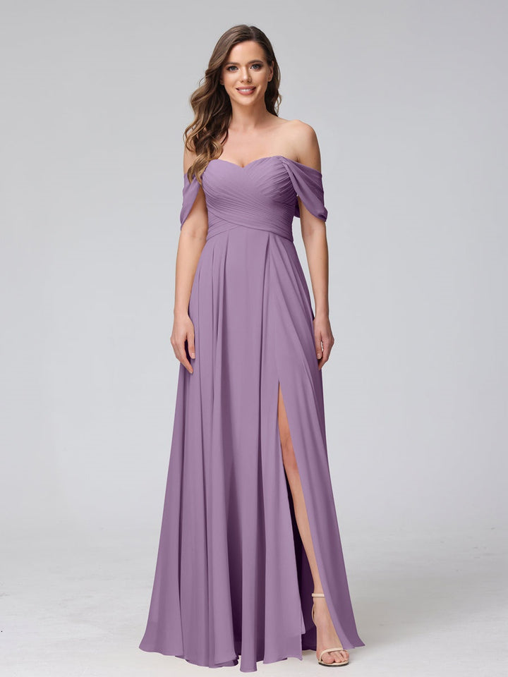 Ligne A/Princesse Hors de l'épaule Sans Manches La Longueur du Sol Bridemaid Robes avec Côté Divisé & Ruché