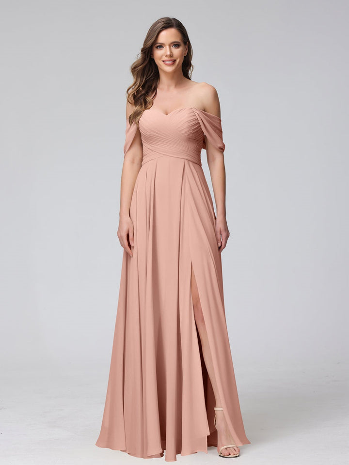 Ligne A/Princesse Hors de l'épaule Sans Manches La Longueur du Sol Bridemaid Robes avec Côté Divisé & Ruché