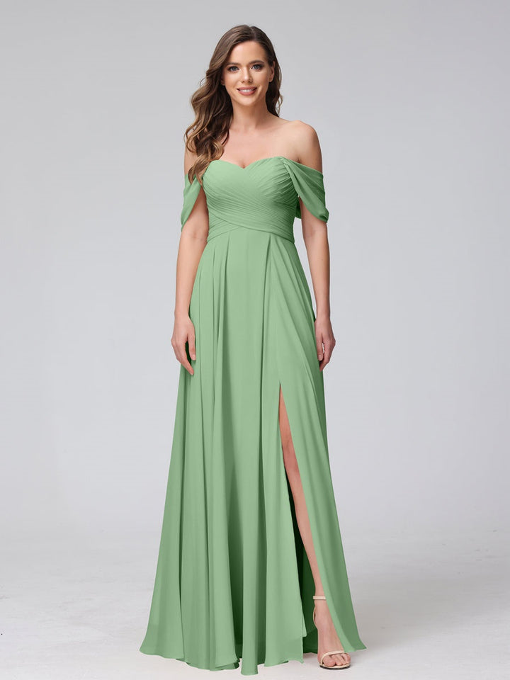 Ligne A/Princesse Hors de l'épaule Sans Manches La Longueur du Sol Bridemaid Robes avec Côté Divisé & Ruché