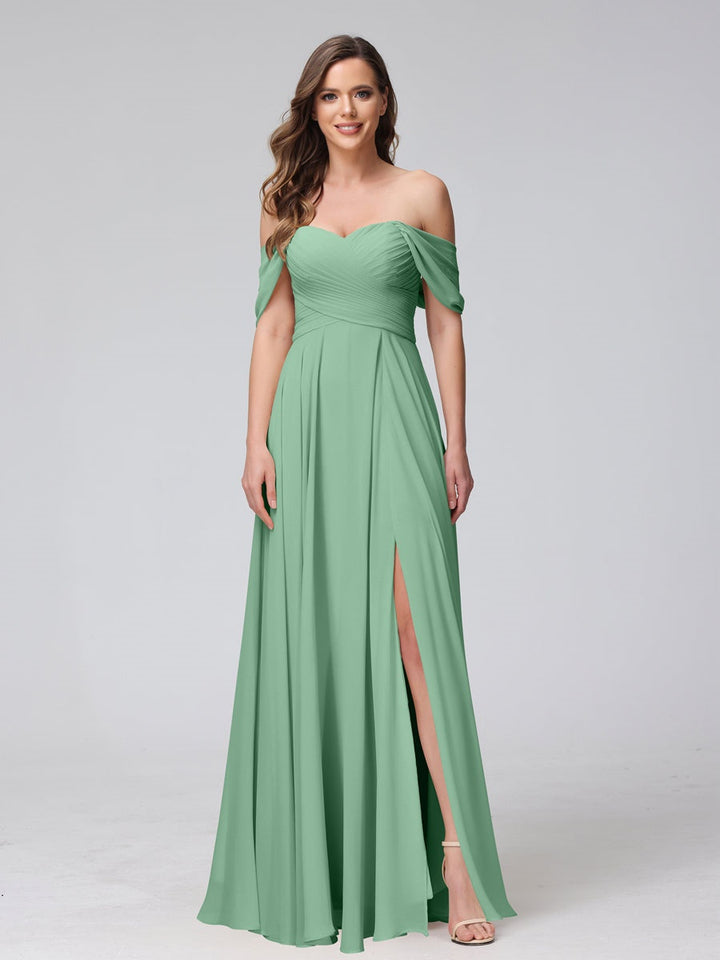 Ligne A/Princesse Hors de l'épaule Sans Manches La Longueur du Sol Bridemaid Robes avec Côté Divisé & Ruché