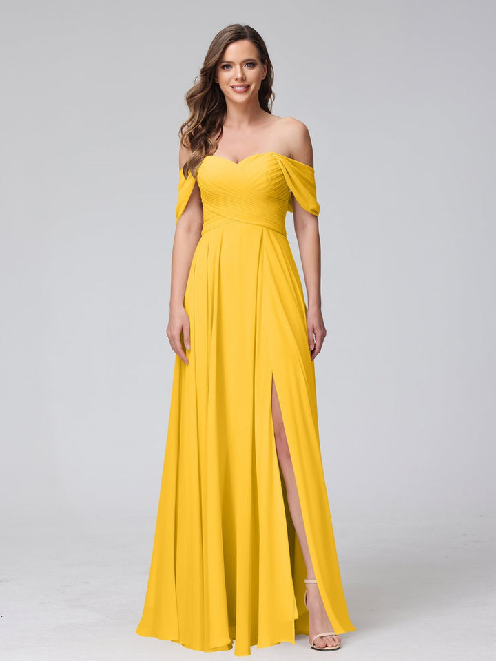 Ligne A/Princesse Hors de l'épaule Sans Manches La Longueur du Sol Bridemaid Robes avec Côté Divisé & Ruché