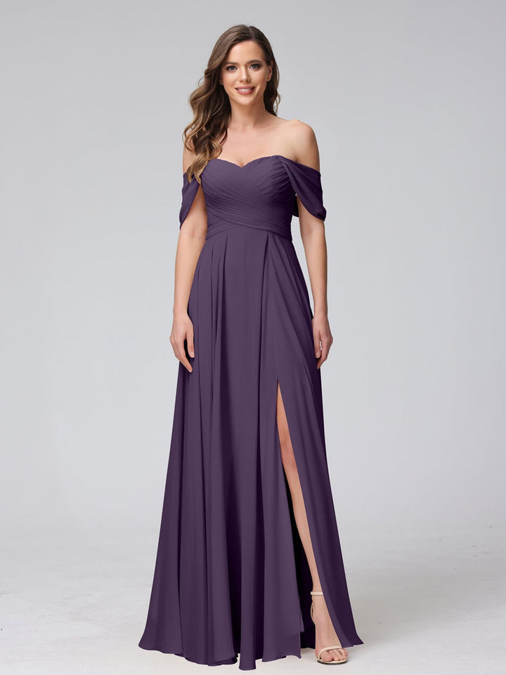 Ligne A/Princesse Hors de l'épaule Sans Manches La Longueur du Sol Bridemaid Robes avec Côté Divisé & Ruché