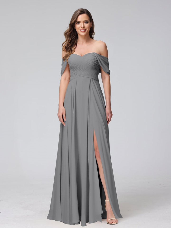 Ligne A/Princesse Hors de l'épaule Sans Manches La Longueur du Sol Bridemaid Robes avec Côté Divisé & Ruché