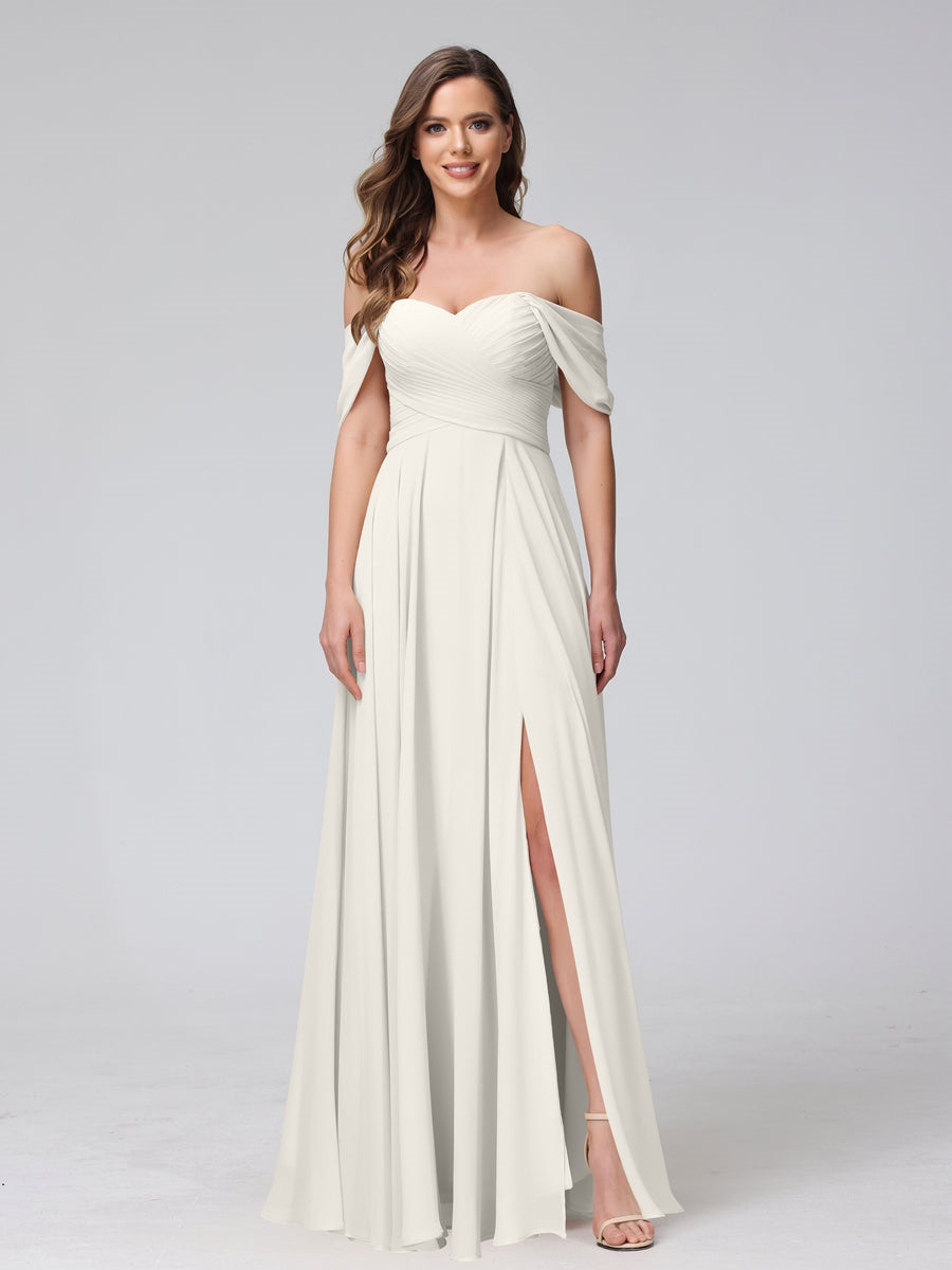 Ligne A/Princesse Hors de l'épaule Sans Manches La Longueur du Sol Bridemaid Robes avec Côté Divisé & Ruché