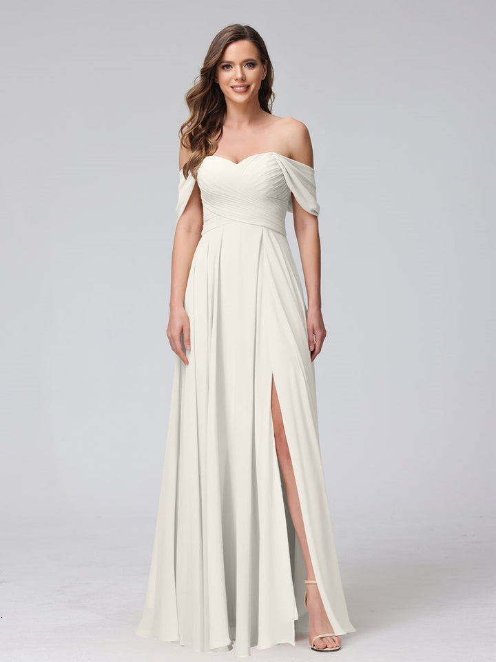 Ligne A/Princesse Hors de l'épaule Sans Manches La Longueur du Sol Bridemaid Robes avec Côté Divisé & Ruché
