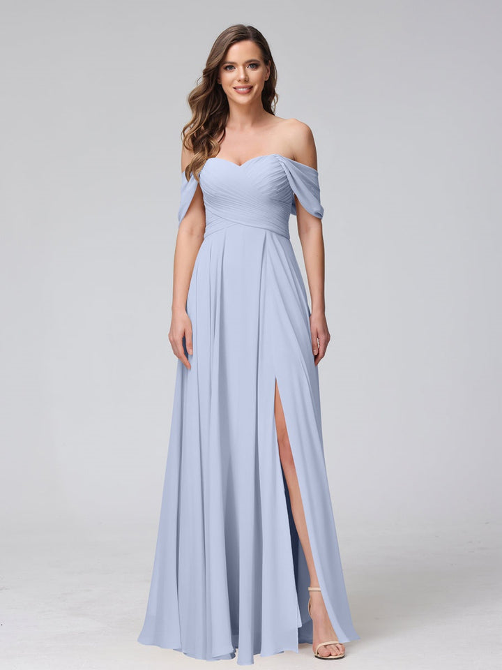 Ligne A/Princesse Hors de l'épaule Sans Manches La Longueur du Sol Bridemaid Robes avec Côté Divisé & Ruché