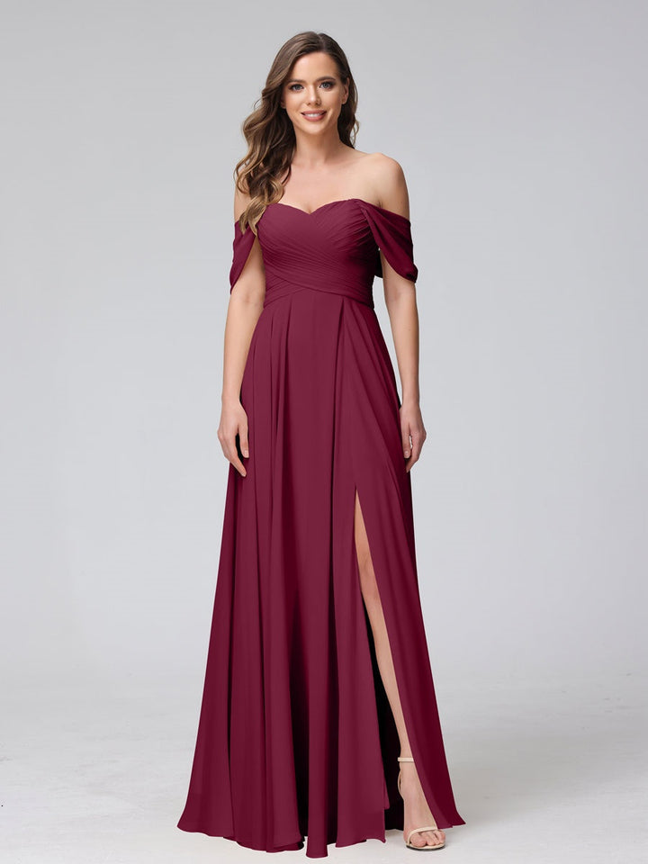 Ligne A/Princesse Hors de l'épaule Sans Manches La Longueur du Sol Bridemaid Robes avec Côté Divisé & Ruché
