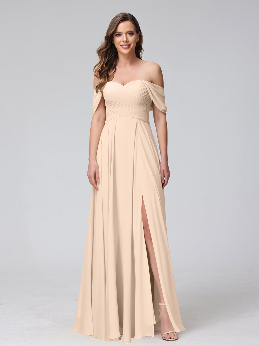 Ligne A/Princesse Hors de l'épaule Sans Manches La Longueur du Sol Bridemaid Robes avec Côté Divisé & Ruché