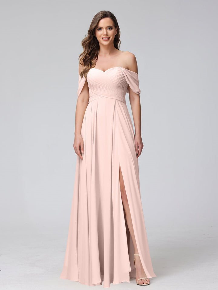 Ligne A/Princesse Hors de l'épaule Sans Manches La Longueur du Sol Bridemaid Robes avec Côté Divisé & Ruché
