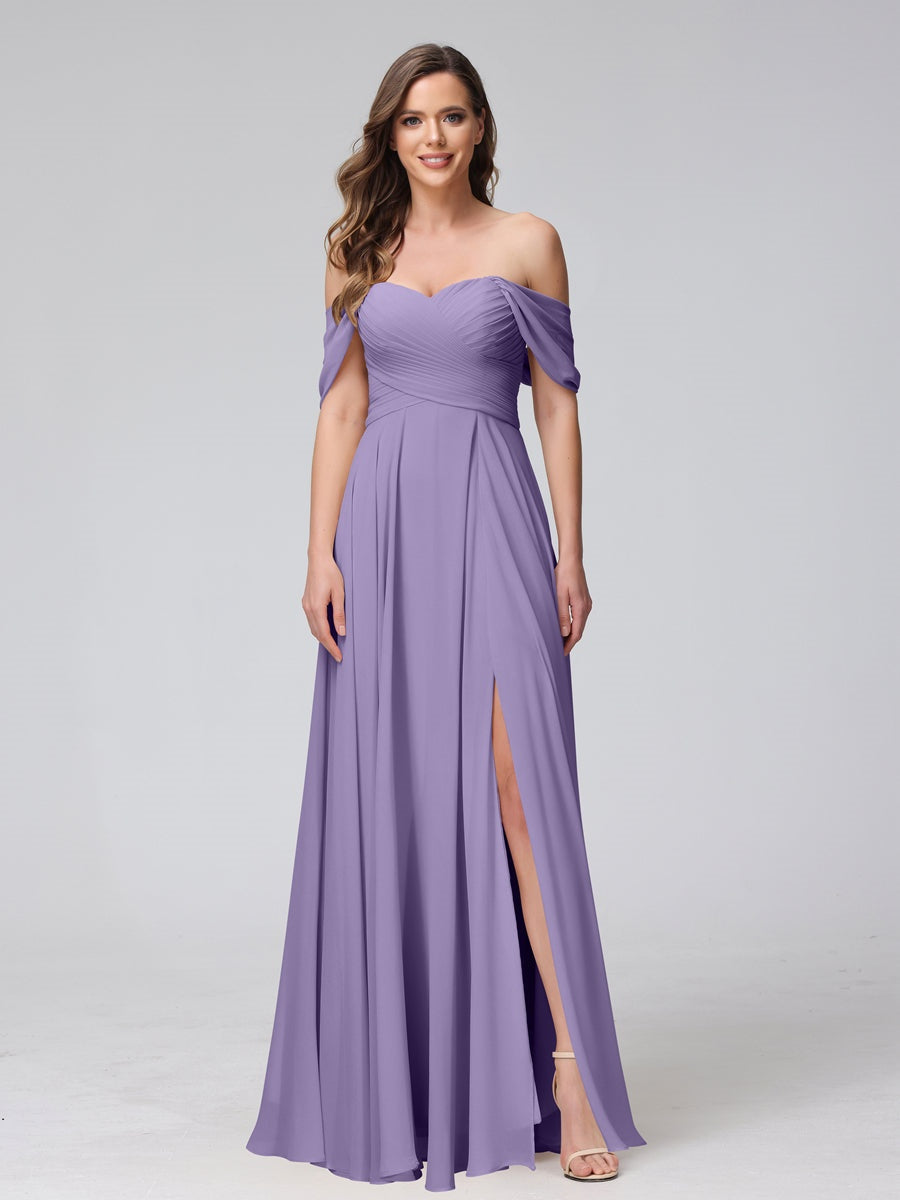 Ligne A/Princesse Hors de l'épaule Sans Manches La Longueur du Sol Bridemaid Robes avec Côté Divisé & Ruché