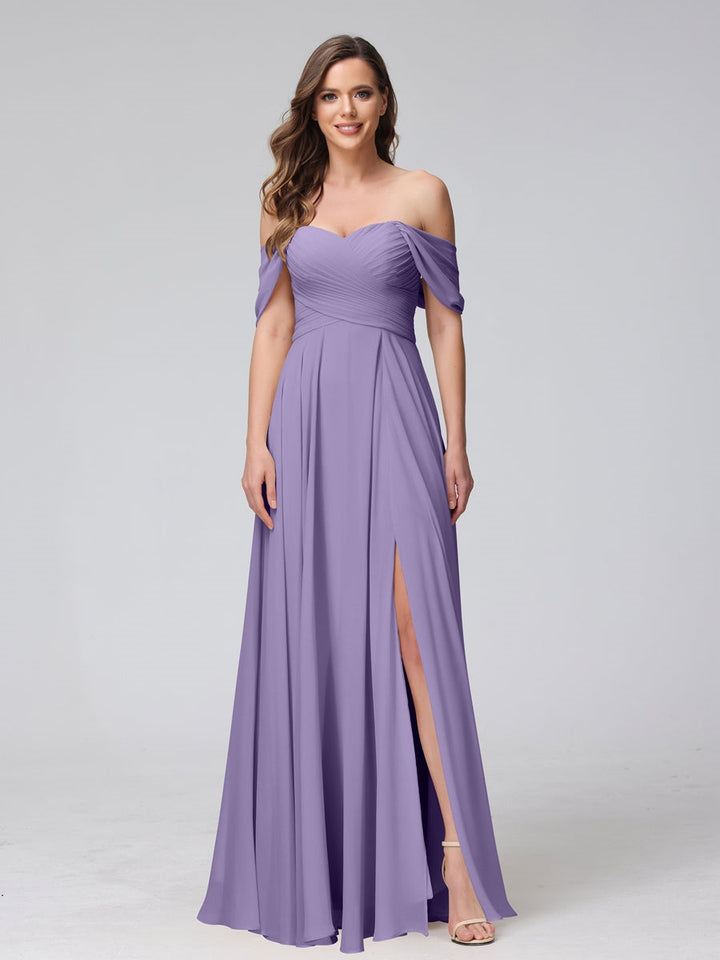 Ligne A/Princesse Hors de l'épaule Sans Manches La Longueur du Sol Bridemaid Robes avec Côté Divisé & Ruché