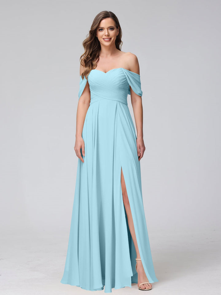 Ligne A/Princesse Hors de l'épaule Sans Manches La Longueur du Sol Bridemaid Robes avec Côté Divisé & Ruché