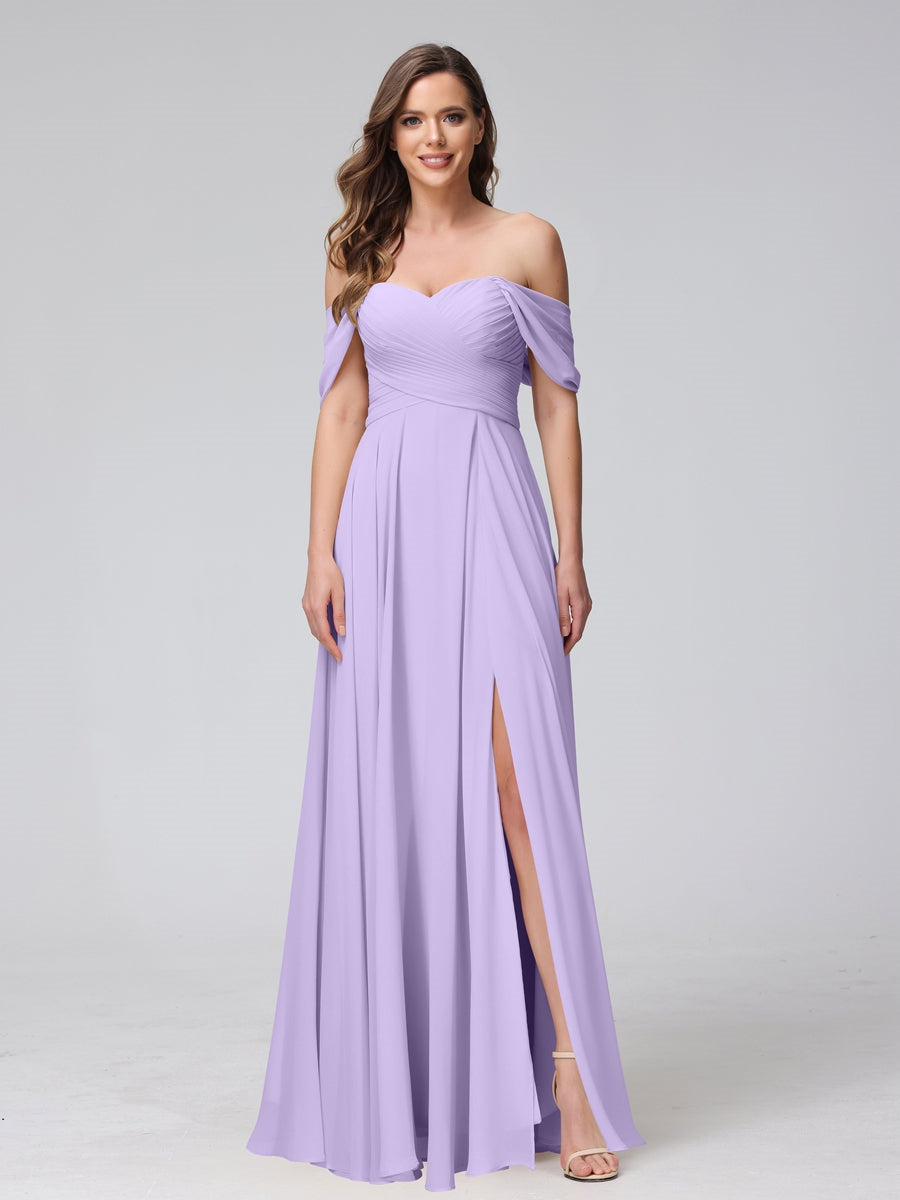 Ligne A/Princesse Hors de l'épaule Sans Manches La Longueur du Sol Bridemaid Robes avec Côté Divisé & Ruché
