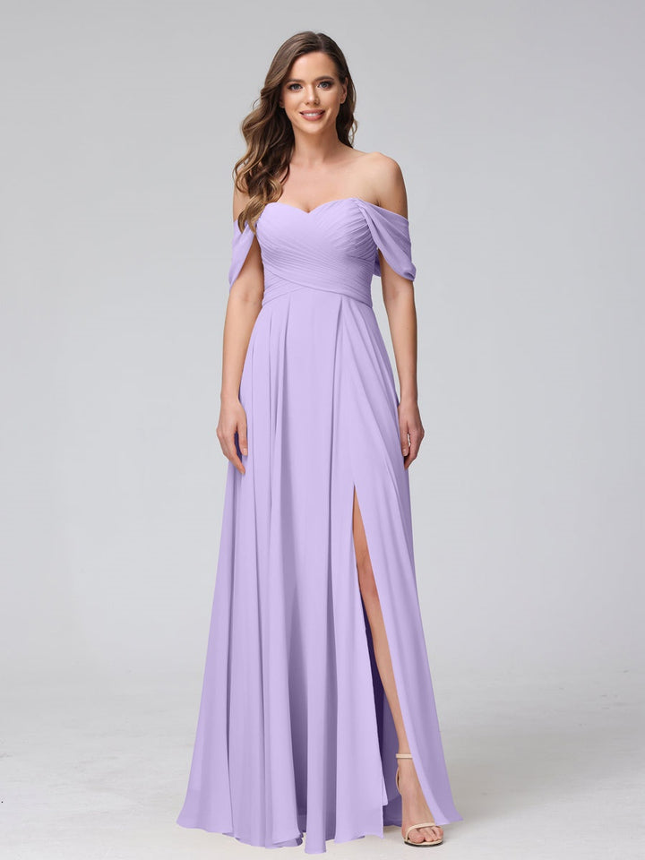 Ligne A/Princesse Hors de l'épaule Sans Manches La Longueur du Sol Bridemaid Robes avec Côté Divisé & Ruché