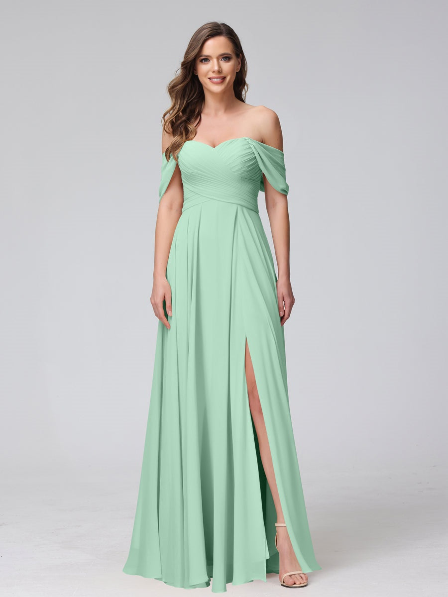 Ligne A/Princesse Hors de l'épaule Sans Manches La Longueur du Sol Bridemaid Robes avec Côté Divisé & Ruché